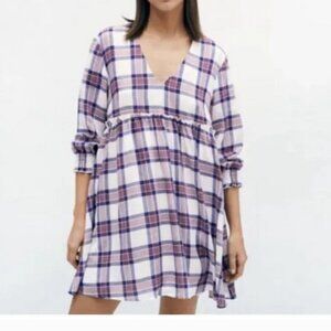 ZARA linen-blend plaid babydoll tunic dress, Small.